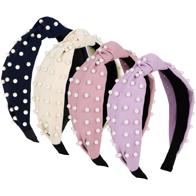 Jaciya Headbands for Women 4 Pack Pearl Headbands for Girls Knotted Headband for Women Non Slip Wide Fashion Head Bands Turban Hair Accessories