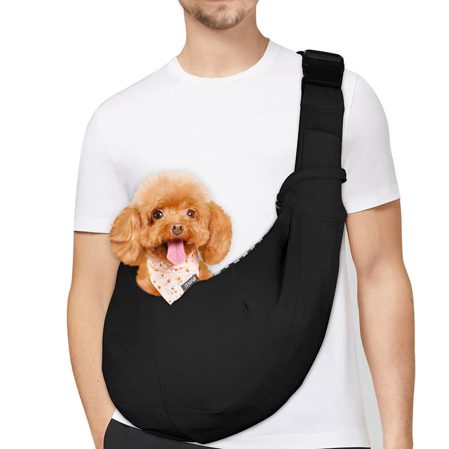 PETLOFT Reversible Dog Cat Sling Carrier Small Dog Carrier Adjustable Dog Sling Hands Free Cross Body Carrier with Collar Hook for Dog/Cat/Bunny up to 11lb Black