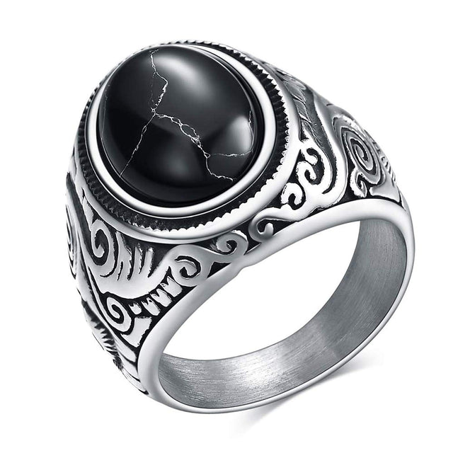 Retro Vintage Stone Rings for Men Turquoise Rings Stainless Steel Signet Biker Band (black 10.5)