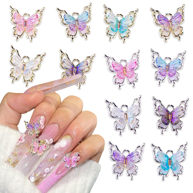 12Pcs Butterfly Nail Charms 3D Mix Color Aurora Bling Butterfly Nail Charms 3D Gold Silver Nail Rhinestones Colorful Butterfly Charms Nail Jewelry Resin Mold Crafts Design for Women Acrylic Nails