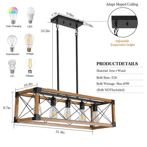 5 Lights Vintage Farmhouse Chandelier For Kitchen, Living Room