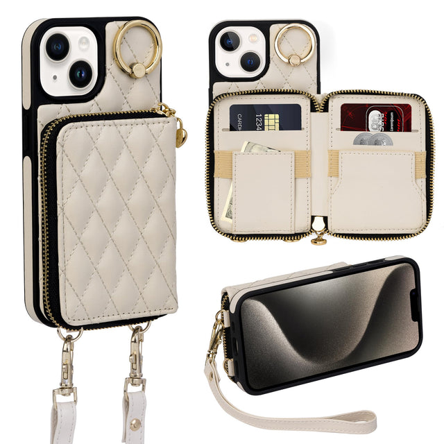 Keallce Case for iPhone 14 6.1 Wallet Case Crossbody Zipper Purse with Wrist Strap Lanyard Handbag for Women RFID Blocking Card Holders 360° Ring Kickstand Flip Leather Cover for iPhone 14 Beige