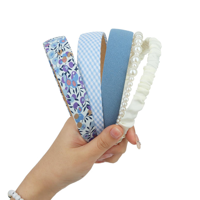 CAVETEE Headbands for Women 5 Pack Different Designs Fashion Headbands for Women Pearl Headband Padded Headbands Hair Accessories Non-slip Head Bands for Womens Hair (Blue)