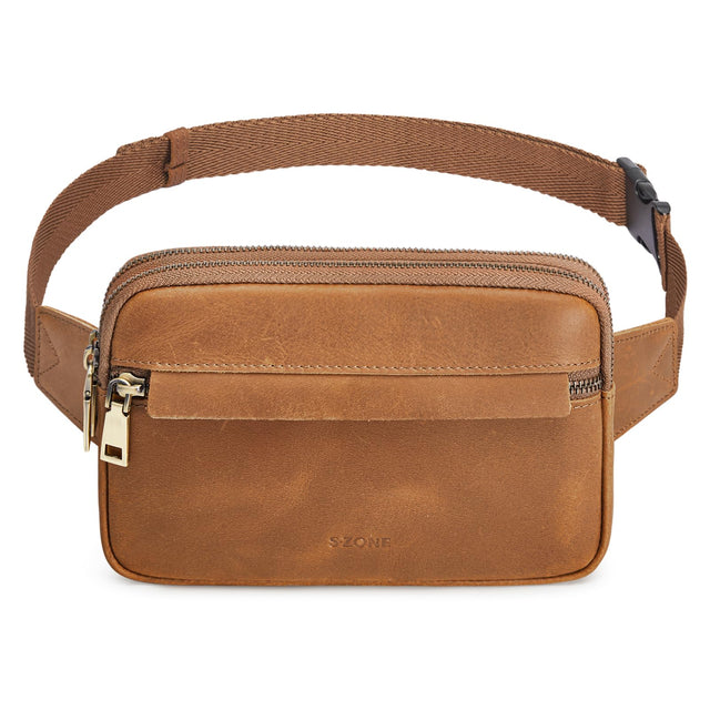 S-ZONE Fanny Packs for Women Genuine Leather RFID Blocking Crossbody Bags Purses Sling Waist Bag Fashionable Chest Bag Gifts Travel Running Adjustable Strap Men Light Brown