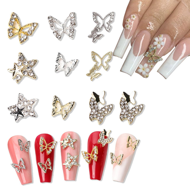 Butterfly Nail Charms 3D Butterfly Nail Art Charms Supply Metal Butterflies Star Nail Charms with Diamond Design Shiny Butterfly Star Nail Rhinestones Gems Charms for Women 20Pcs Butterfly Nail Decor