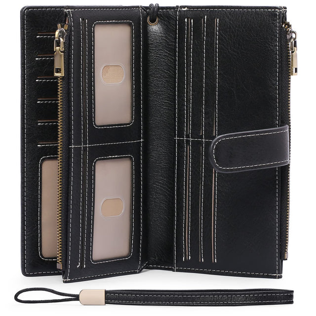 GOIACII Womens Wallets Large Capacity Credit Card Holder Rfid Wallet Women Double Zipper Pocket Leather Bifold Ladies Wristlet Clutch Wallet