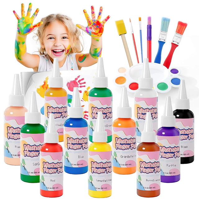 Homcosan Washable Finger Paint 12 Colors Set Large Capacity (2.1fl oz) with Brushes/Paper Non Toxic Finger Paints Art Painting Supplies for Hand Painting DIY Crafts Gifts