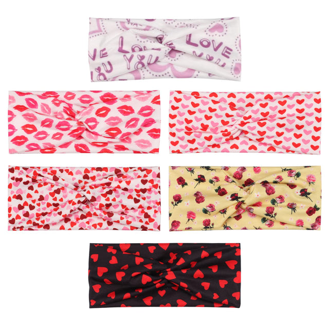 6pcs Valentines Day Knotted Headbands Set for Women Stretch Romantic Heart Lips Style Turban Wide Elastic Twisted Cross Head Bands