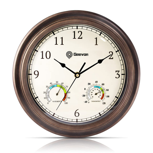 Geevon 12" Vintage Wall Clock Non Ticking with Hygrometer