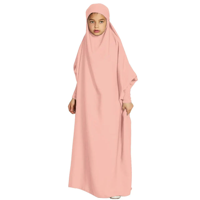 Abaya Muslim Girls Dress Islamic Prayer Dress For Kid Girls Muslim Jilbabs Muslin Thoub Isdal Jilbab For Muslim Girl One Piece Ramadan Abayas For Kid Dubai Eid Dresses Peach Pink Kids 12-13 Years