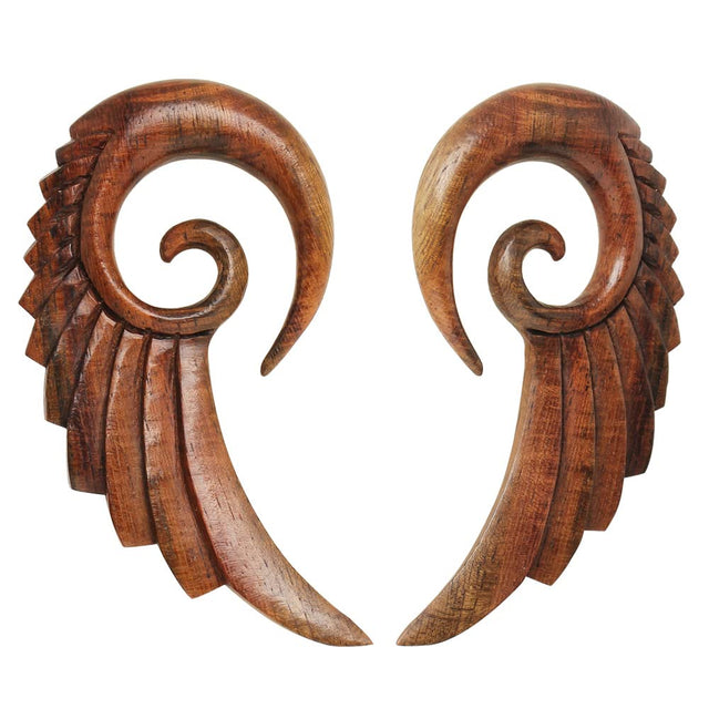Pierced Owl Hand Carved Organic Sono Wood Angel Wing Hanging Spiral Taper Plugs Sold as a Pair (5mm (4GA))