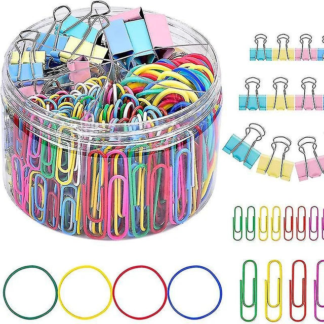 THE CEO's 240pc Colorful Mixed Paper Clips, Rubber Band, Binder Clips Stationery Set