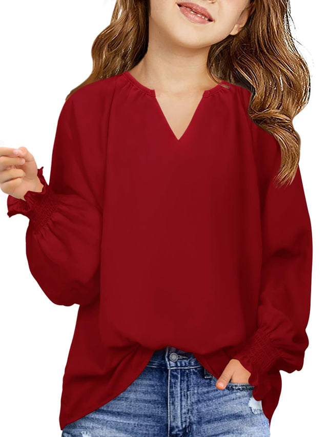 Haloumoning Girls Shirts Long Sleeve V Neck Chiffon Tops Cute
