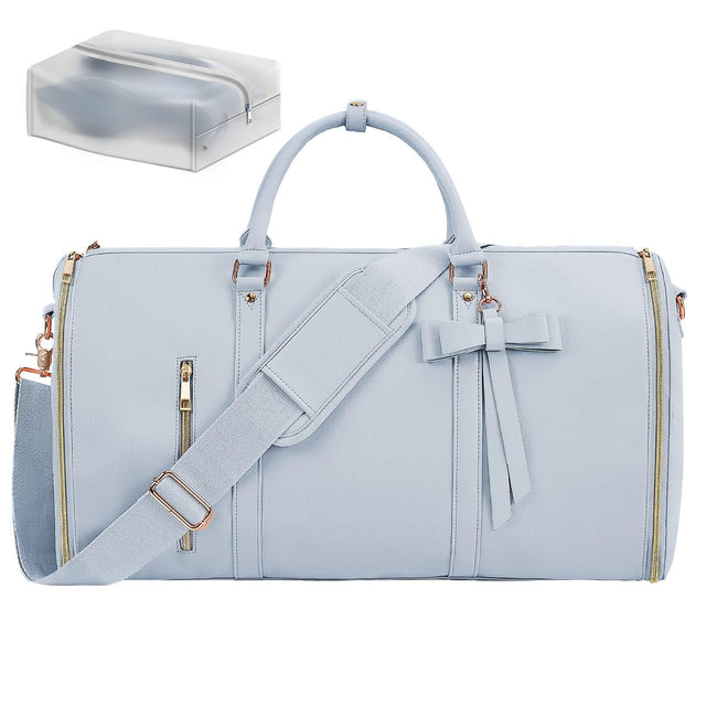 Garment Bags for Travel Convertible Suit Travel Bag for Women Stylish Carry On Garment Bag with Toiletry Pocket Shoulder Strap and Shoes Compartment 2 in 1 Foldable PU Leather Duffle Bag Blue
