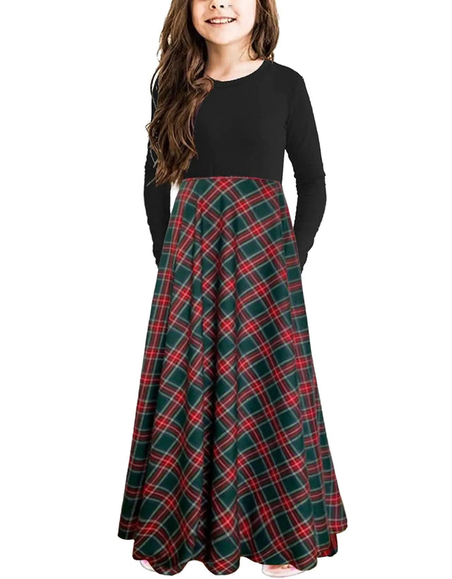 KYMIDY Girls Maxi Dress Kids Buffalo Check Plaid Long Sleeve Casual Dresses with Pockets for Girls 10 Years Green3