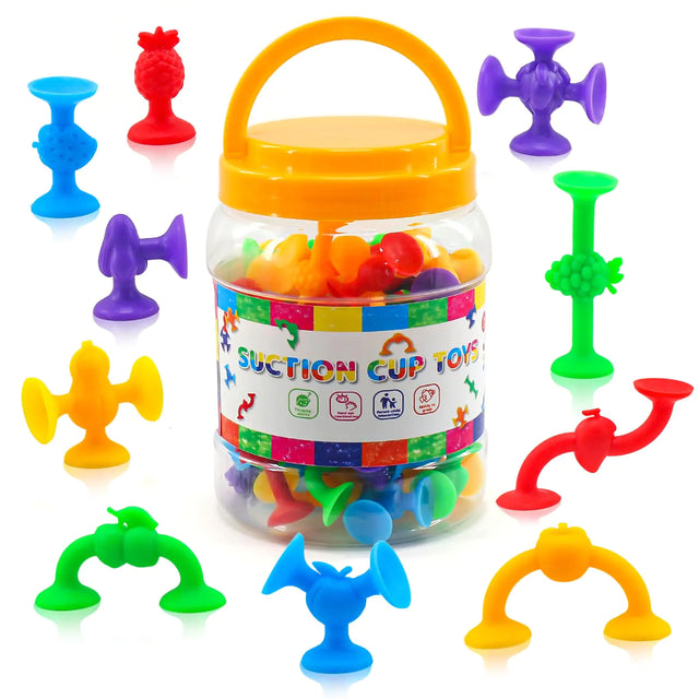 Suction Toys 50 Pcs Bath Toys for Kids Ages 4-8 Bath Toys Sensory Toys for 3 4 5 6 7 Years Old Boys Girls Stress Release Toys Travel Toys Suction Cup Toys Silicone Fruit Sucker Toys with Storage