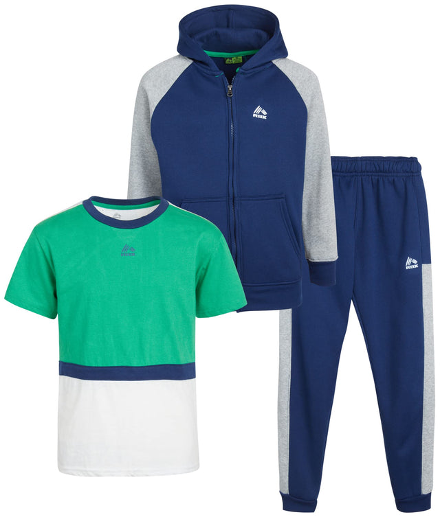 RBX Boys Active Sweatsuit Set - 3 Piece Fleece Zip Up Hoodie Athletic T-Shirt and Jogger Sweatpants for Boys (Sizes: 8-12) Size 12 Navy
