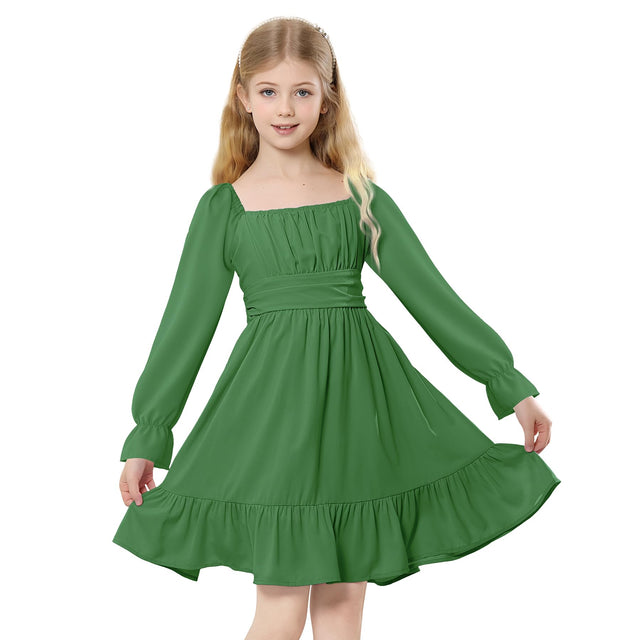 Zando Green Girls Dresses Long Sleeve Dress for Girls Tie Back Dress