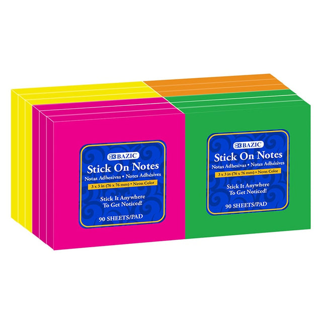 90 Ct. 3" X 3" Neon Stick On Notes (12/Shrink) - Sticky Notes