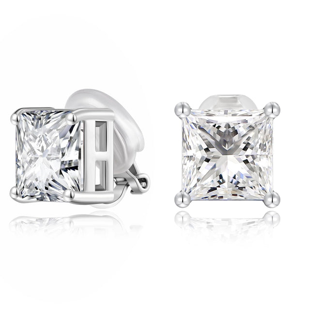 FAMARINE Silver Clip on Earrings Women CZ Square Clip Earrings