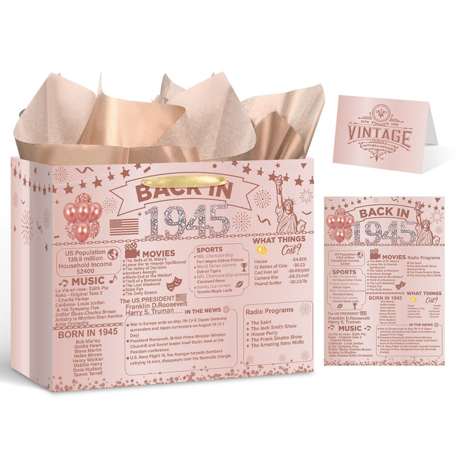 Rose Gold Vintage 80th Birthday Gift Bag for Women Large Pink