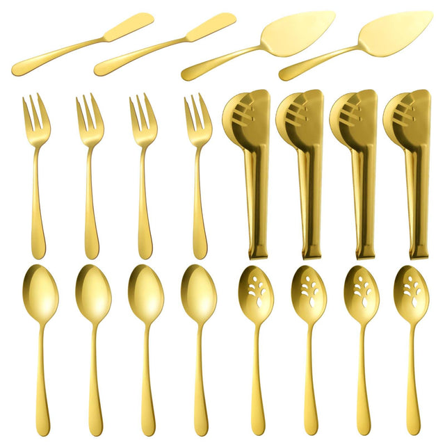BEWOS Gold Serving Utensils 20-Piece Serving Utensils set Gold Serving Spoons Slotted Spoons Tongs Forks Cake Server Butter Knife Stainless Steel Serving Utensils for Parties Dishwasher Safe