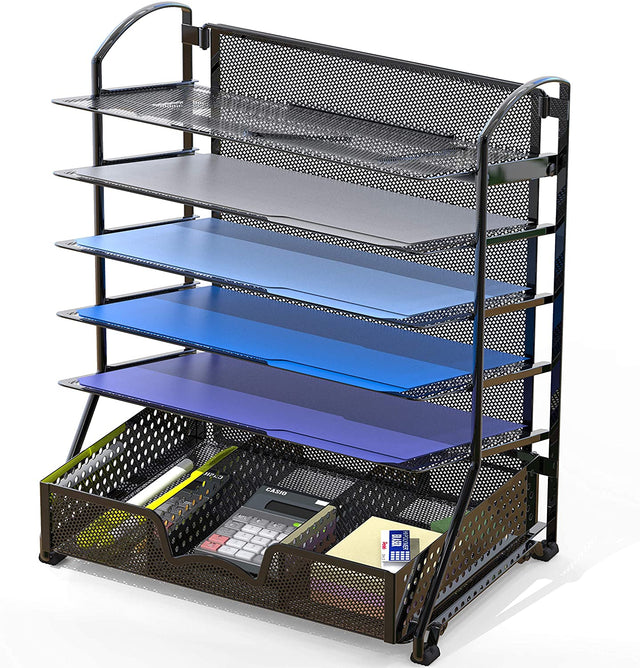 6 Trays Desk Document File Tray Organizer with Supplies Sliding Drawer