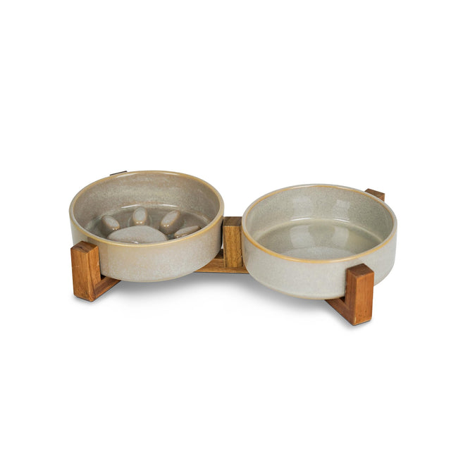 Dog Slow Feeder Ceramic Bowls Set with Stand Cute Paw Slow