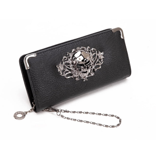 Ecohaso Skull Wallets for Women Zip Around Goth Wallet Large Capacity Long Purse Credit Card Clutch Wristlet for Women (A-Black)