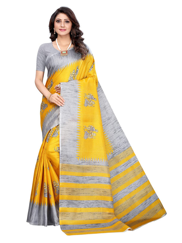 SIRIL Womens Poly Silk Printed Saree with Blouse (1790S492_Yellow)