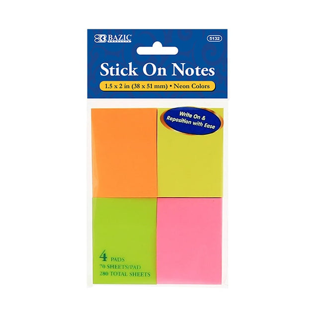 70 Ct. 1.5" X 2" Neon Stick On Notes (4/Pack) - Sticky Notes