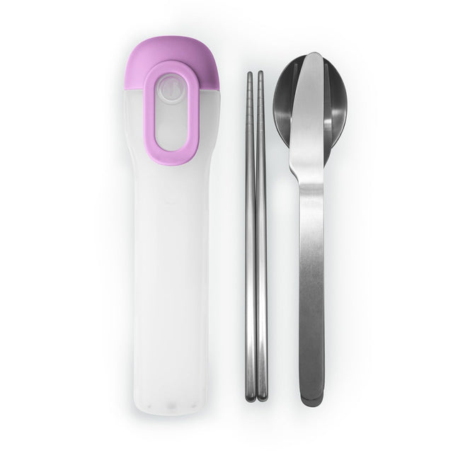 Portable cutlery 4-piece set travel and camping cutlery set includes knife fork spoon and chopsticks 18/8 stainless steel cutlery suitable for travel school work picnic and camping. (purple)