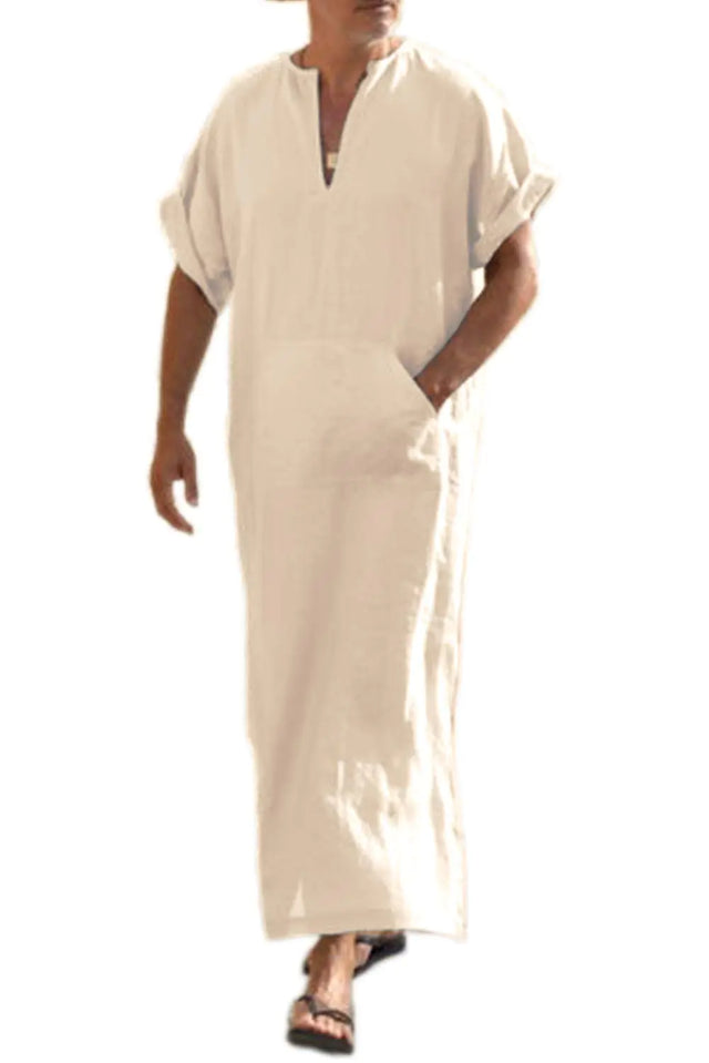 COOFANDY Mens V-Neck Linen Robe Short Sleeve Kaftan Thobe Long Gown Casual Shirt for Beach Summer Light Khaki