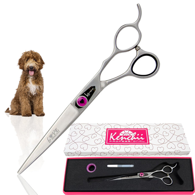 Kenchii Love Left Handed Dog Grooming Scissors 7 Inch Curved Shears Dog Scissors for Grooming Professional Pet Grooming Scissors Curved Dog Grooming Scissors
