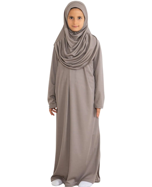 Prien Kids Prayer Dress Muslim Clothes for Girls Long Sleeve Abaya with Hijab Two Piece Maxi Islamic Set Scarf Kaftan Jilbab (Deep Mink)