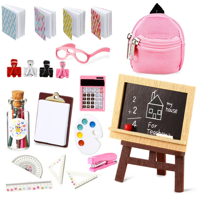 18 Piece Mini School Supplies for Dolls Doll House School Supplies Accessories Includes Doll Backpack Glasses Blackboard Mini Book Palette Paper Clipboard Clamp Ruler Scissors Calculator Doll Set