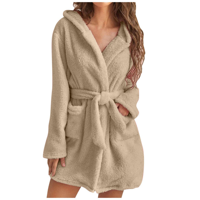 Women Fuzzy Robes Plush Bathrobes Long Sleeve Hooded Warm Short