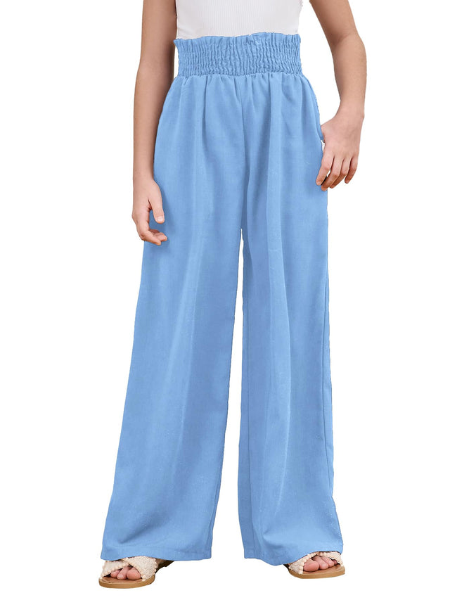 Milumia Girls Linen High Waist Smocked Paperbag Wide Leg Pants Long
