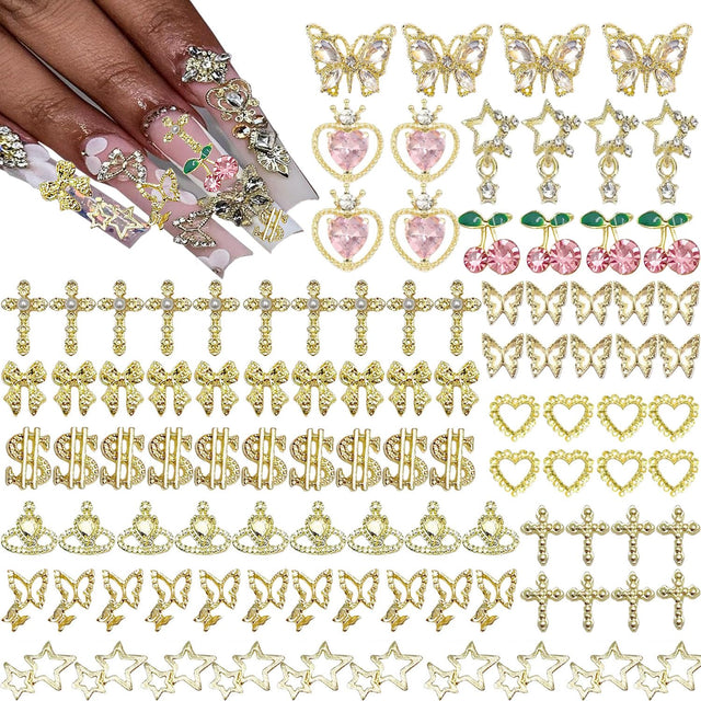 KACHIMOO 106 PCS Gold Nail Charms Gold Cross Nail Art Charms Gold Charms for Nails Cherry Nail Art Charms Pink Nail Gems and Charms Bows Nail 3D Star Charms Butterfly Nail Charms for Women