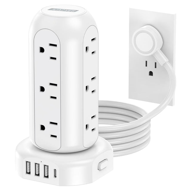 Power Strip Tower PD 20W 12 Outlets and 4 USB Ports Flat Plug Surge Protector with (1 USB C PD 20W) 6.5FT (13A) Travel Power Strip with USB Ports for Home Office Supplies