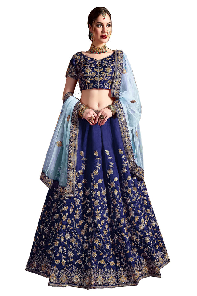 STELLACOUTURE indian ready to wear silk flared bridal lehenga choli for women with stitched blouse and dupatta (8079-U) (44 Blue)