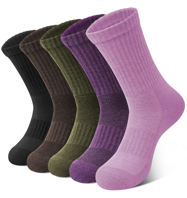 YSense 5 Pairs Merino Wool Socks for Women Winter Thick Hiking Socks Cozy Warm Socks Boot Socks Cushion Crew Socks