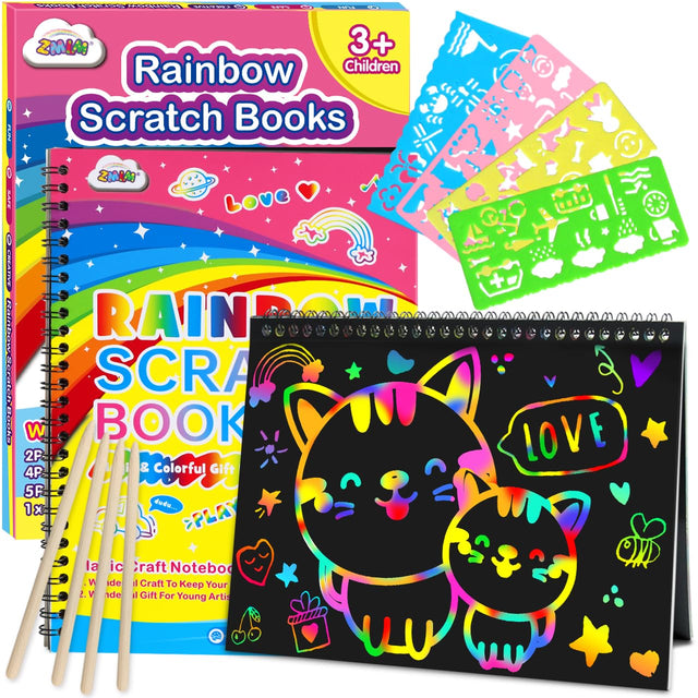 ZMLM Scratch Paper Art-Crafts Gift: 2 Pack Rainbow Notebooks Supplies Toys for 3 4 5 6 7 8 9 10 Years Old Girls and Boys Kids Valentines Day Gifts Birthday Party Games Easter Basket Stuffers (Yellow)