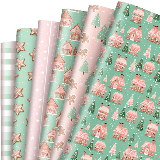 JarThenaAMCS 12 Sheets Christmas Wrapping Paper -Not Roll- Xmas Tree Gingerbread Man Star Gift Wrap Paper Folded Flat Green Pink Craft Paper for Party Supplies 19.7 x 27.6 Inch