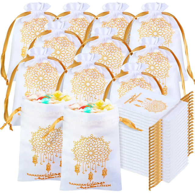 Coume 30 Pcs Eid Ramadan Mubarak Satin Gift Bags with Drawstring 5 x 7 Inch Silk Jewelry Bags Eid Party Favor Bags Jewelry Pouches for Ramadan Party Supplies Candy Bags Muslim Party Eid Decoration