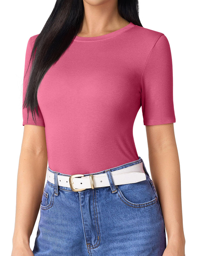 Beluring Women Shirts Crew Neck Summer Tshirts Short Sleeve Basic Slim Fit Tees (Rose Red M)