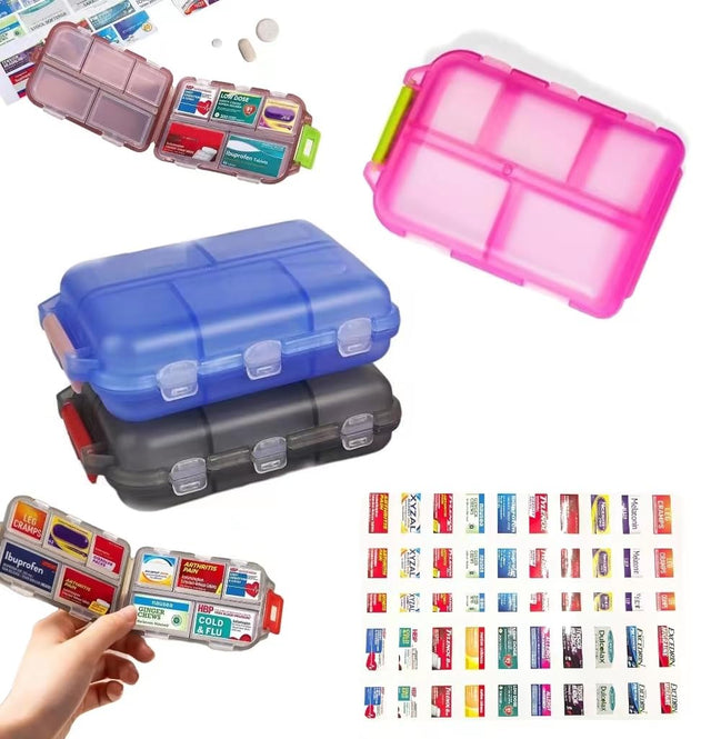 5PCS Travel Pill Case with Optional Medicine Stickers Labels Pill Box Pill Organizer with Labels Pill Container with Pill Stickers Medication Labels with 10 Compartments
