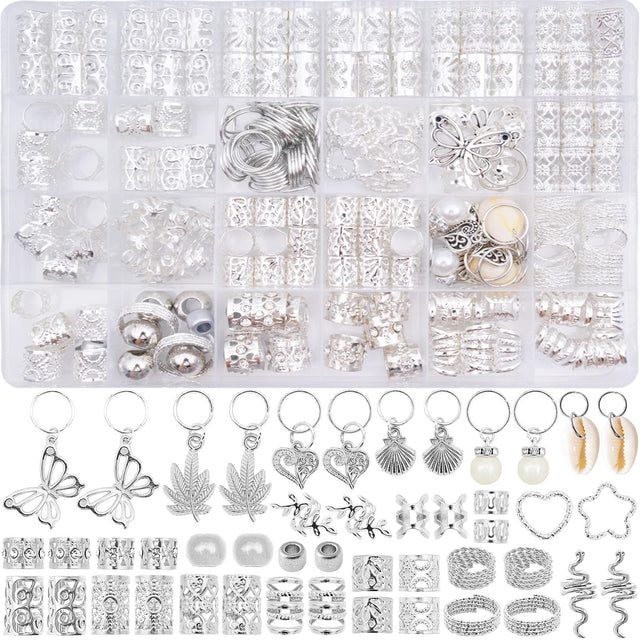 236PCS Silver Hair Accessories and Hair Beads: Hair Jewelry and Charms for Braids Hair Rings and Braid Accessories - Ideal for Dreadlock Accessories Loc Jewelry and Hair Cuffs Rave Hair Accessories