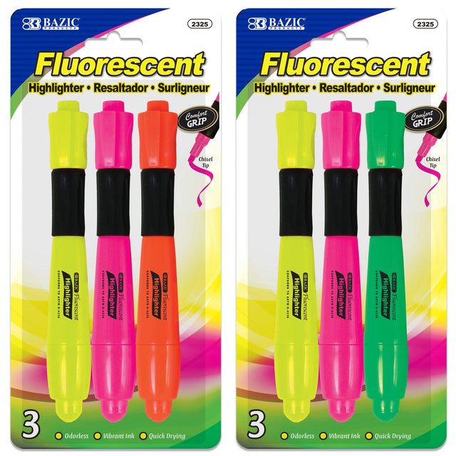 Cushion Grip Fluorescent Highlighters - 3pk Random Color Pack
