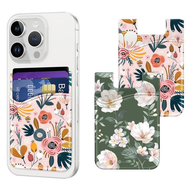 Yiyahu 2 Pack Self Adhesive Silicone Card Holders for Back of Phone Phone Wallet Pockets Stick On Credit Card Holders Sleeve for Phone Case Pink Flower+Green Flower